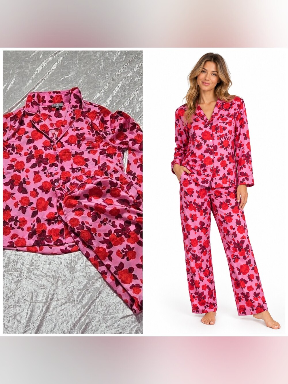 LOFT Satin Notch Pink Red Flower Pajama Set Size Large